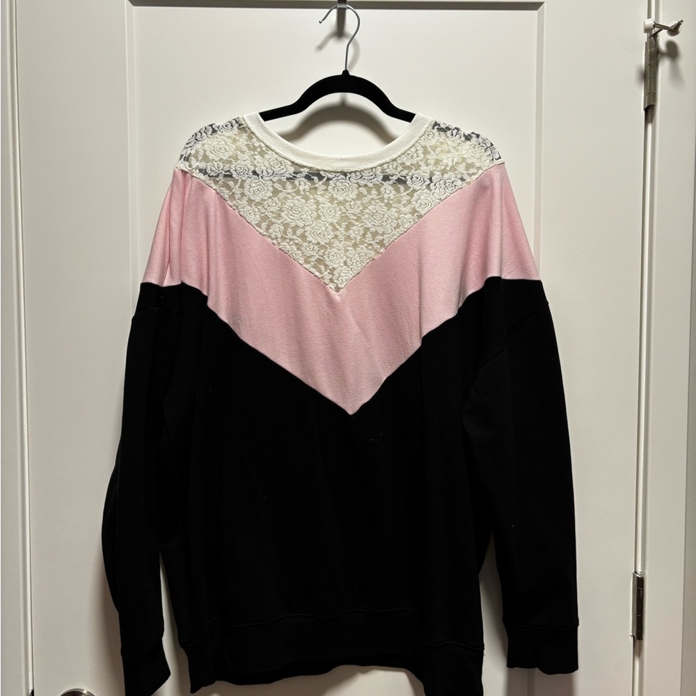 torrid Pink, Black & Cream Lace Colorblock Crewneck Sweater
